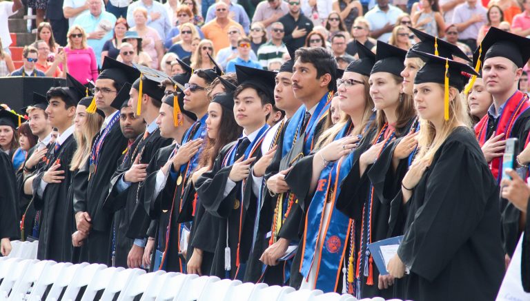 Group of graduating students during the national anthem